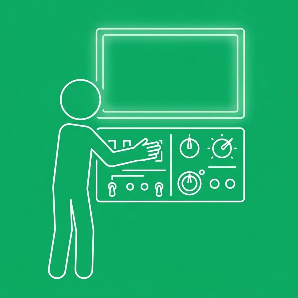 빈 화면 아래 조작판의 다이얼과 스위치를 만지는 사람 그림